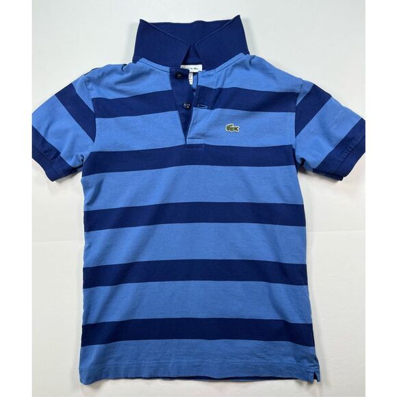 Lacoste Boys Size 10 Striped Short Sleeve Polo Navy Blue 100% Cotton Croc Logo - Picture 1 of 7